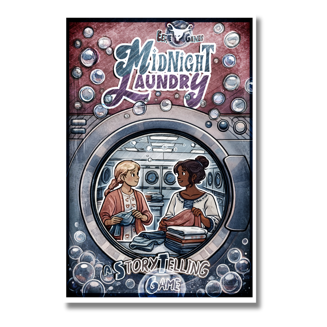 Cover of 'Midnight Laundry' storytelling game with two characters reflected from a washing machine window.