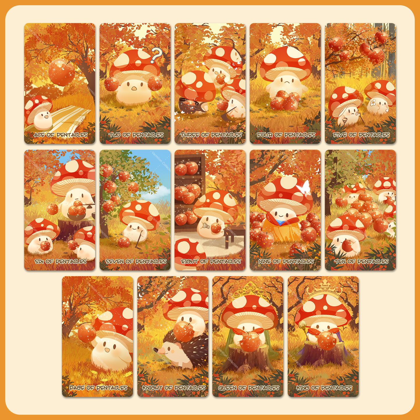 Set of 16 cards featuring cartoon characters with red and white mushroom hats in an autumn-themed setting.