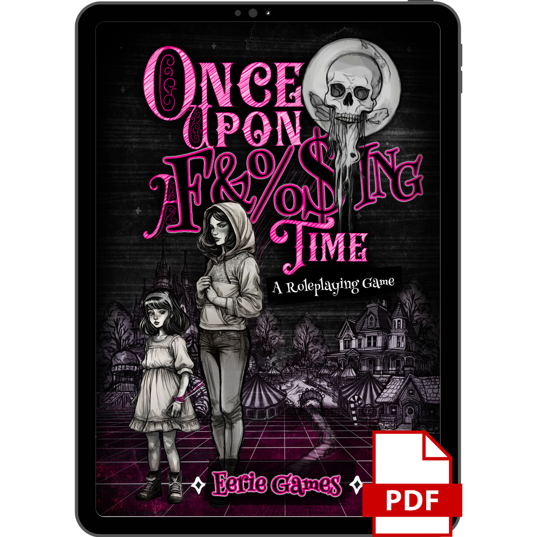 Tablet displaying a book cover with text 'Once Upon A%$%ing Time' and a PDF icon.