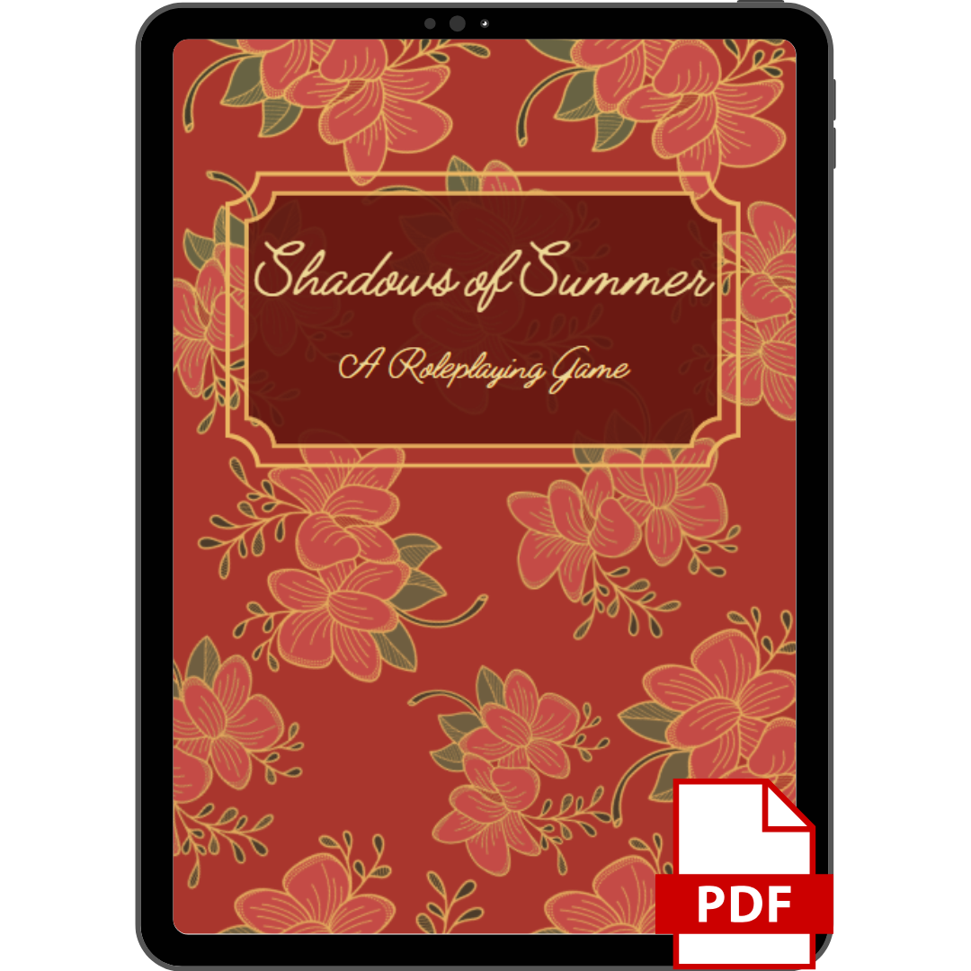 A bookcover for the game Shadows of Summer that is held in a tablet frame with a PDF icon.