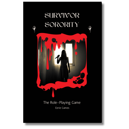 Book cover of 'Survivor Sorority' with red blood-like design and silhouette of a person.