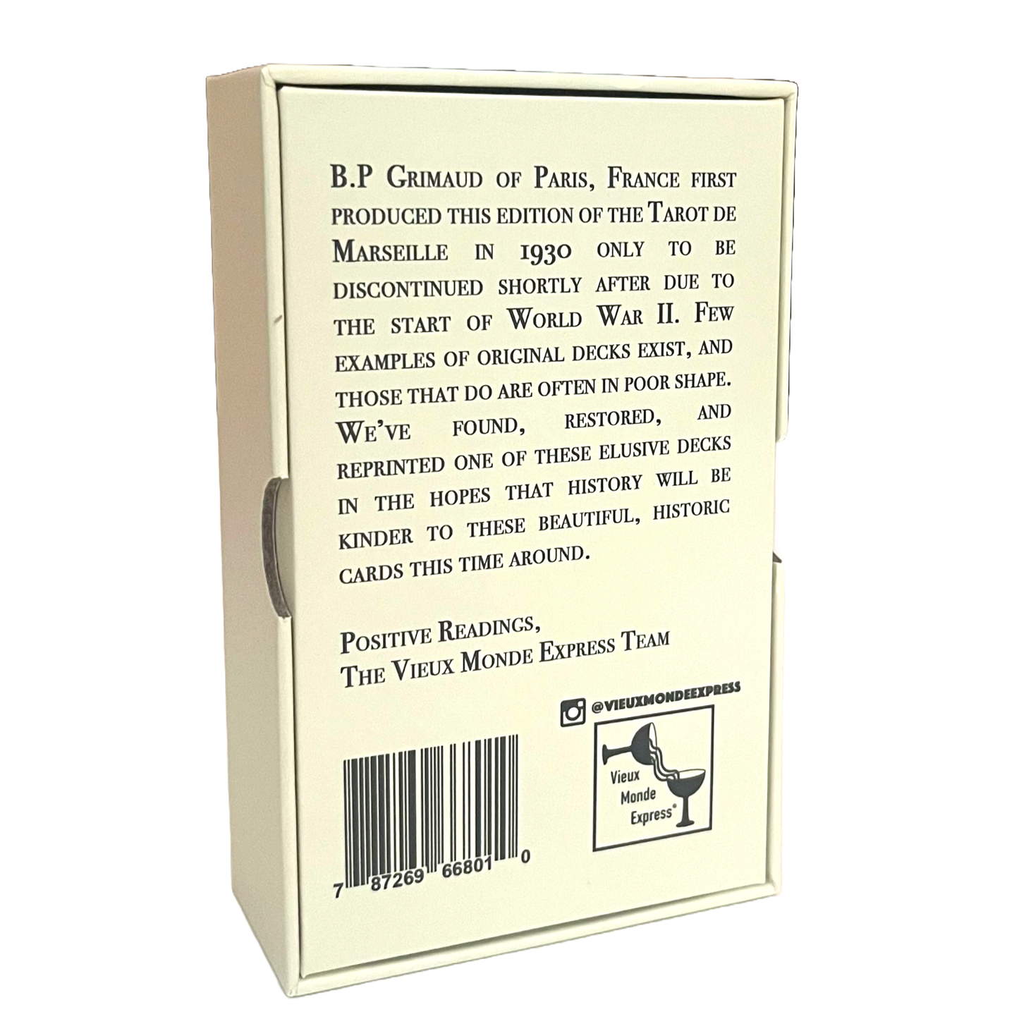 Back of a box with text about the Tarot de Marseille deck and branding information.