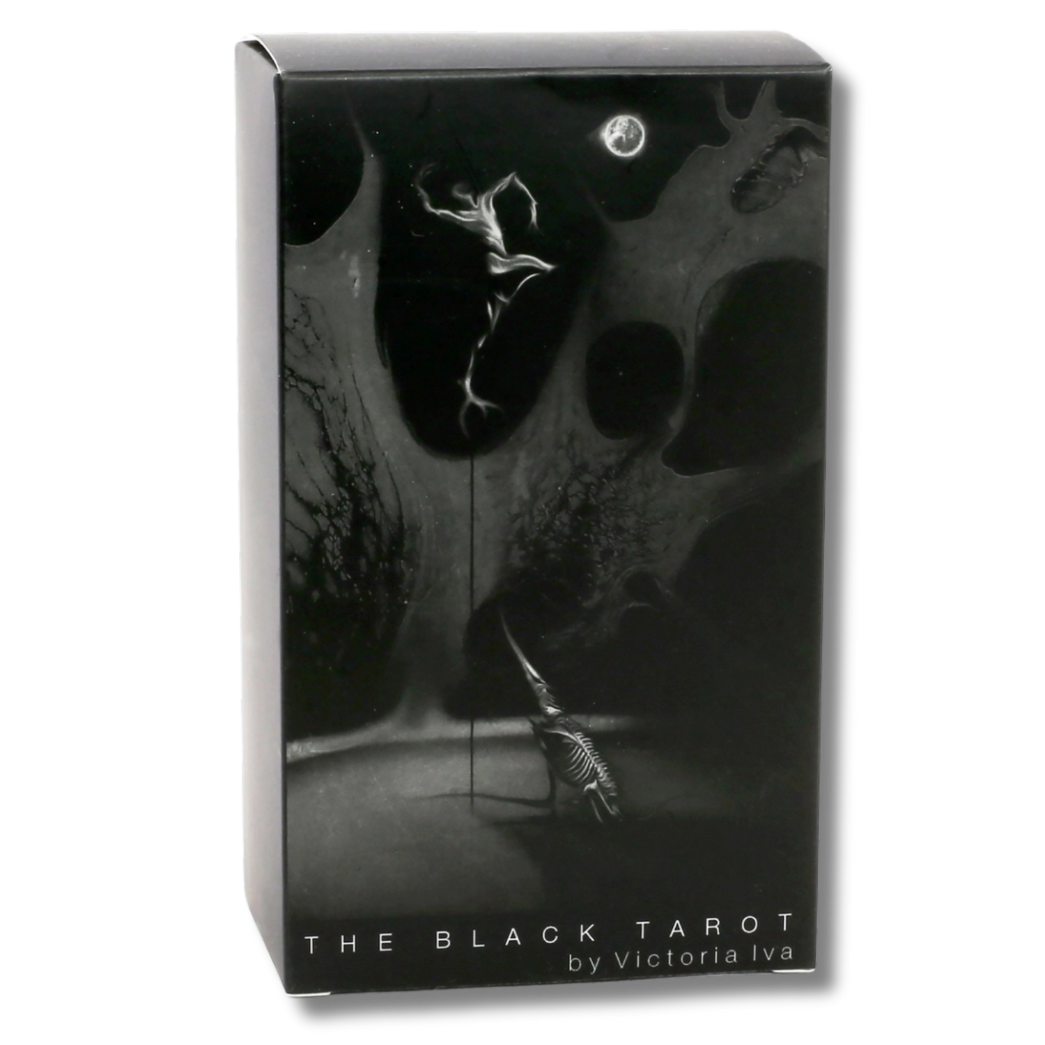 The front of a box for tarot cards in black and white. The imagery is spectral and haunting.