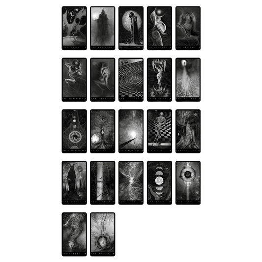 Set of black and white tarot cards arranged in a grid showing the major arcana. The imagery is spectral and haunting.
