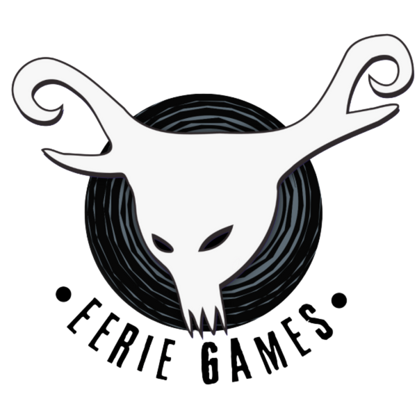 A logo with a white, deer like creature and the name Eerie Games is under it.
