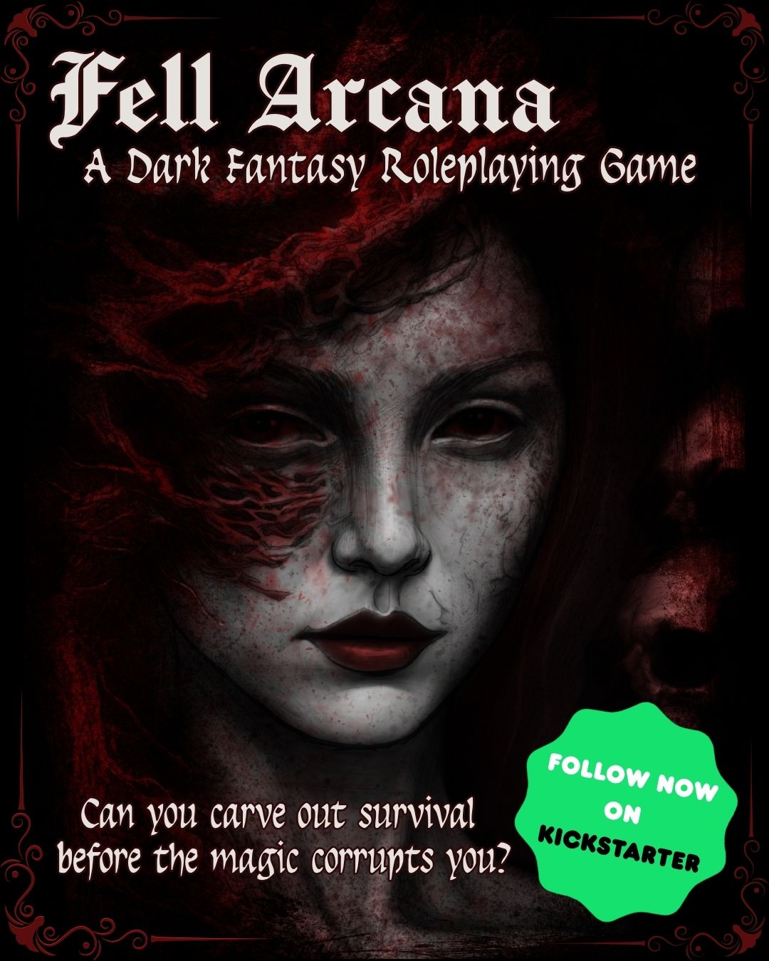 A feminine face with red eyes and a neutral expression with vein-like tendrils of magic attaching themselves to their skin.