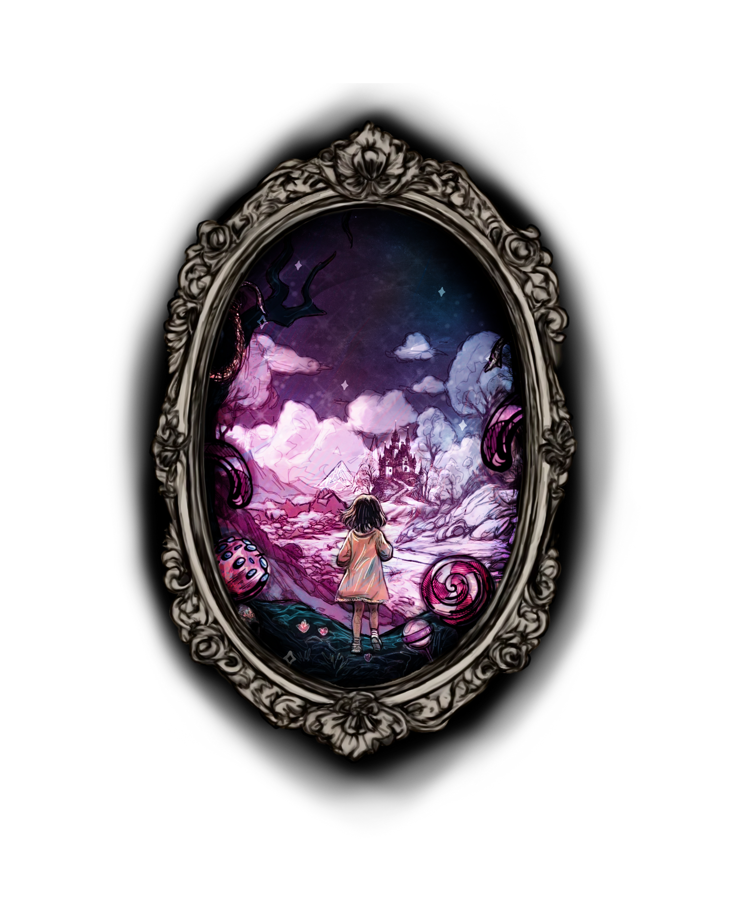 Decorative oval frame with a fantasy scene of a girl in a pink dress standing in a mystical landscape.