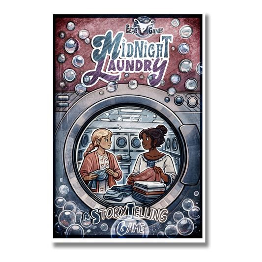 Cover of 'Midnight Laundry' storytelling game with two characters reflected from a washing machine window.