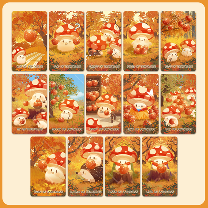 Set of 16 cards featuring cartoon characters with red and white mushroom hats in an autumn-themed setting.