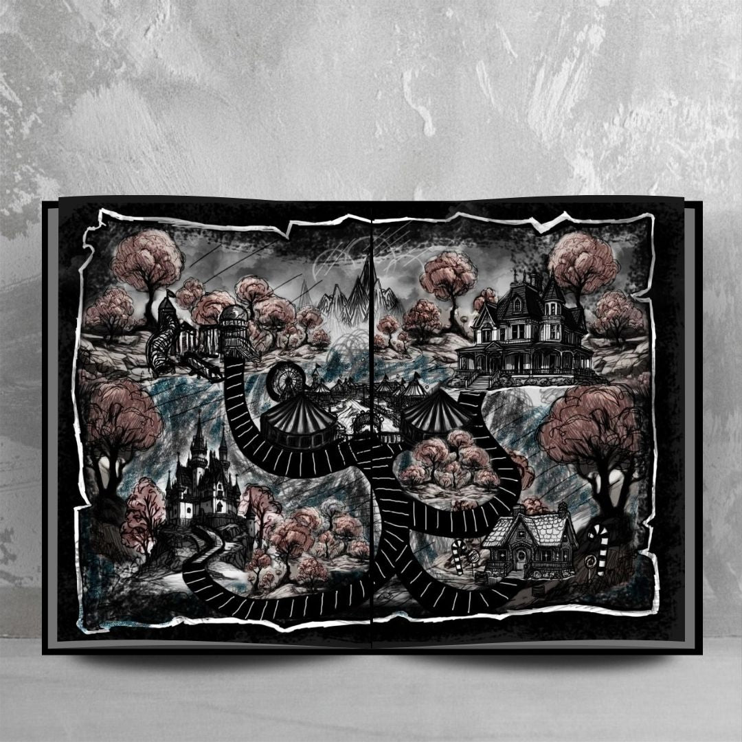 An open book showing a 2 page map spread of Fairyland, A dark path winds its way through a candy colored landscape that is somehow also dark and unsettling.