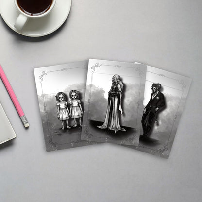 Three black and white illustrated cards, with a cup of coffee and pink pencil on a gray desk.