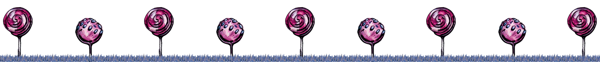 Row of pink lollipops with blue sugary grass underneath.