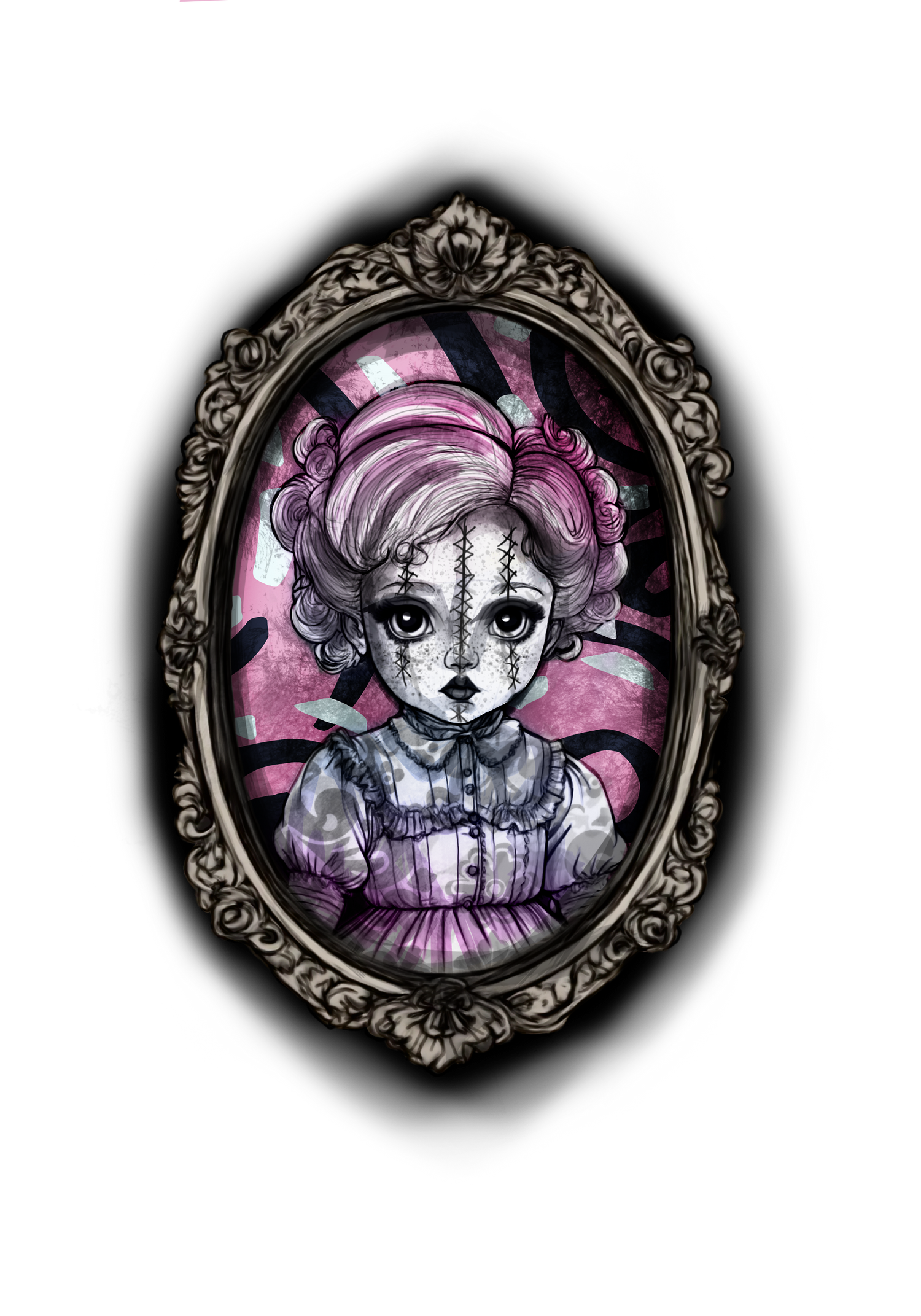 Decorative oval frame with a drawing of a doll with pink hair and three stripes of stitches running down its face.