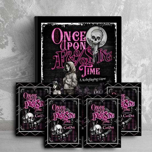The front of a book titled 'Once Upon A F&%$ing Time' with whimsical text and illustrations on a dark background. Surrounding the book are 4 similarly styled decks of cards. They are all leaning against a grey wall.