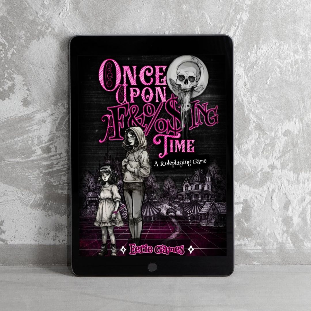 A tablet displaying the front of a book titled 'Once Upon A F&%$ing Time' with whimsical text and illustrations on a dark background. It is leaning against a grey wall.