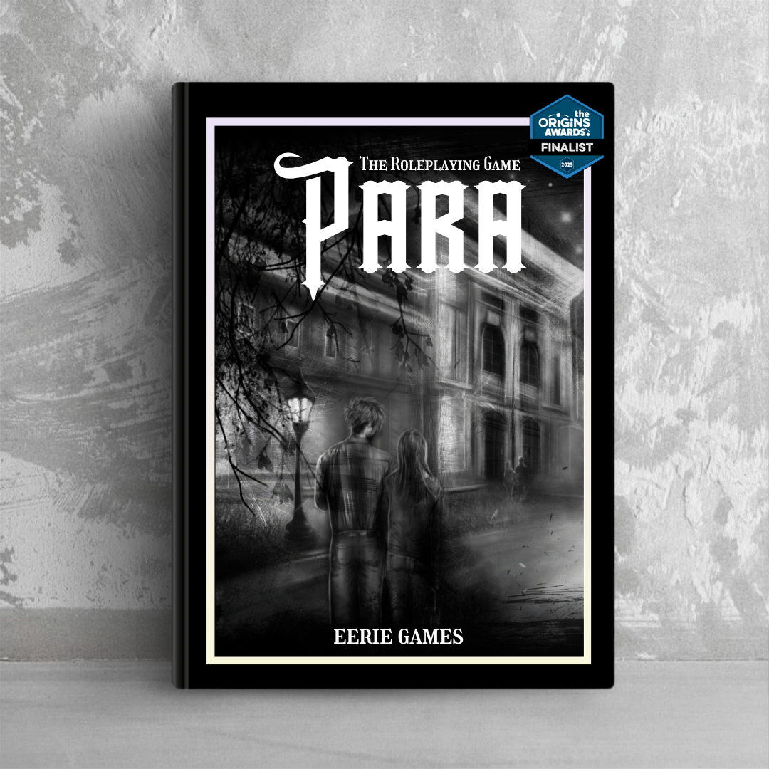 A book titled 'PARA The Roleplaying Game' leaning against a grey wall. The cover is drawn in a black and white sketch style with a masculine and feminine person facing away, looking at a college building at night.