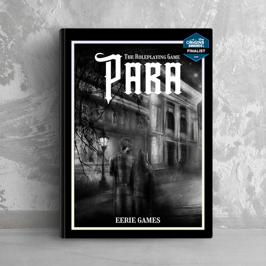 A book titled 'PARA The Roleplaying Game' leaning against a grey wall. The cover is drawn in a black and white sketch style with a masculine and feminine person facing away, looking at a college building at night.