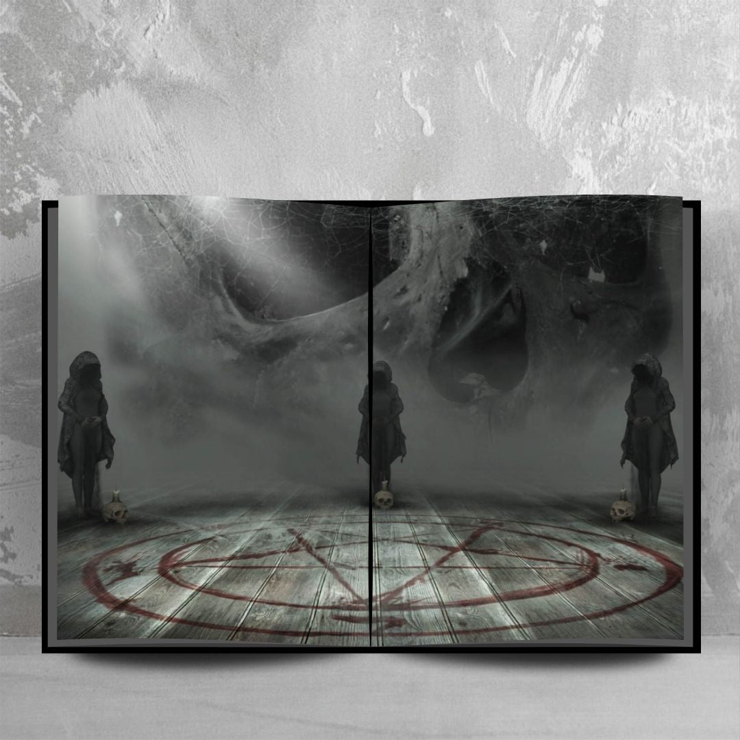 An open book showing three people in hooded cloaks standing around a pentagram with a skull and candle at each of their feet. A large skull looms in the background.