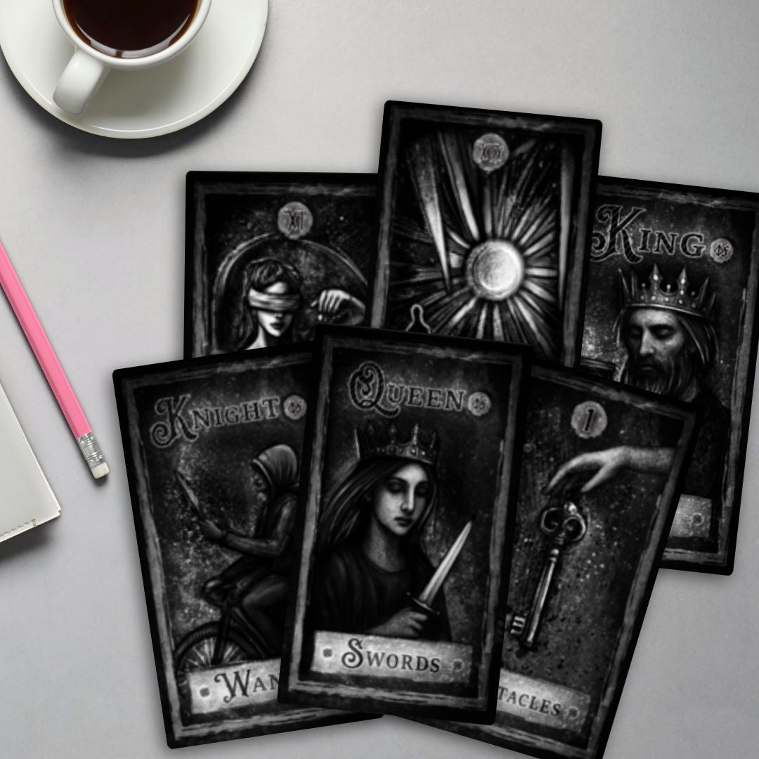 Six black and white tarot cards on a desk with a cup of coffee. The back row  has a blindfolded woman, a silhouette of someone burning up in the sun, and a "King" looking solemn. The front row had the Knight of Wands riding a bike holding a feather, the Queen of Swords holding a knife, and the Ace of Pentacles with a hand dropping a key.