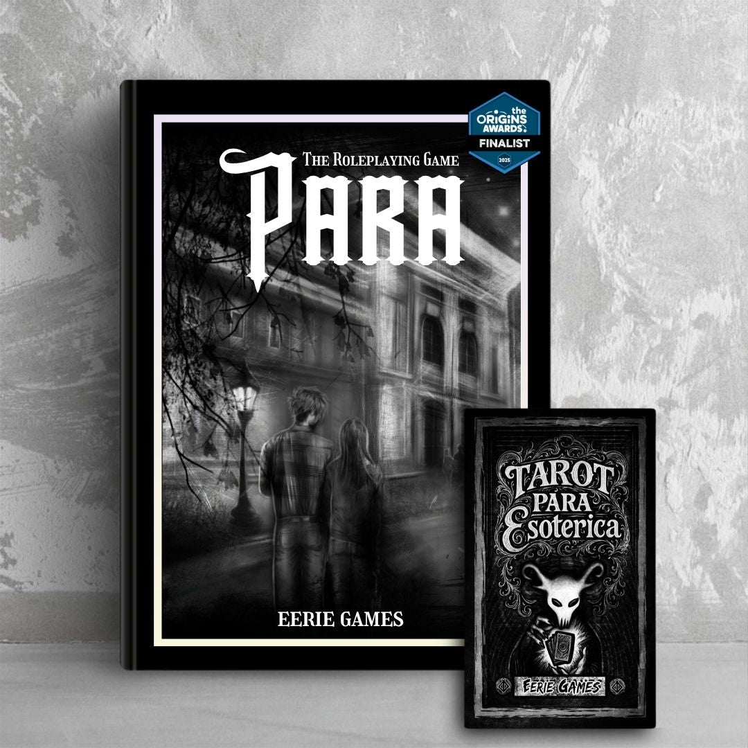 A book titled 'PARA The Roleplaying Game' leans against a grey wall. The cover is drawn in a black and white sketch style with a masculine and feminine person facing away, looking at a college building at night. In front of the book sits a box of tarot cards with the white skulled Eerie Games mascot shuffling a deck. 