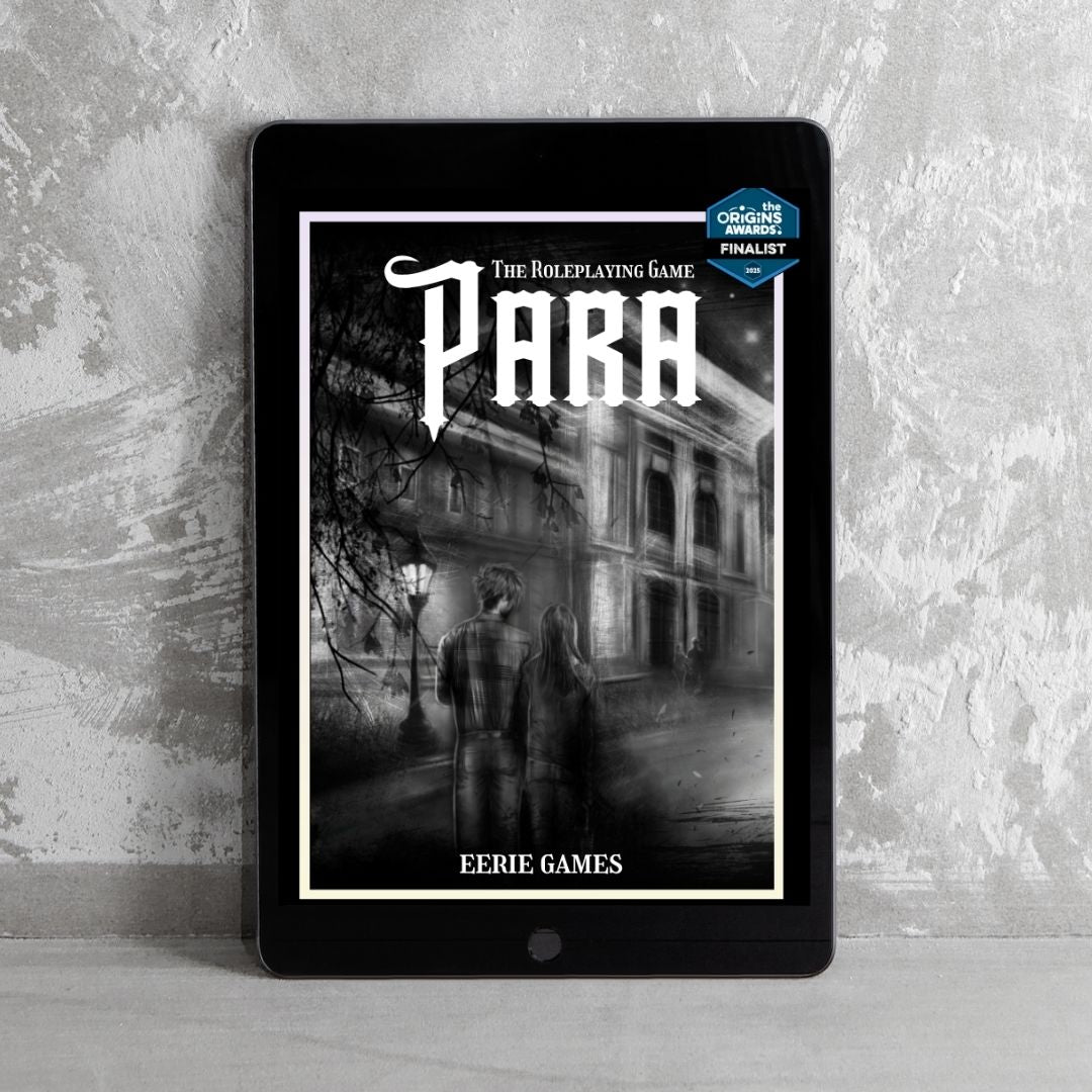 A tablet displaying the front of a book titled 'PARA The Roleplaying Game' leaning against a grey wall. The cover is drawn in a black and white sketch style with a masculine and feminine person facing away, looking at a college building at night.