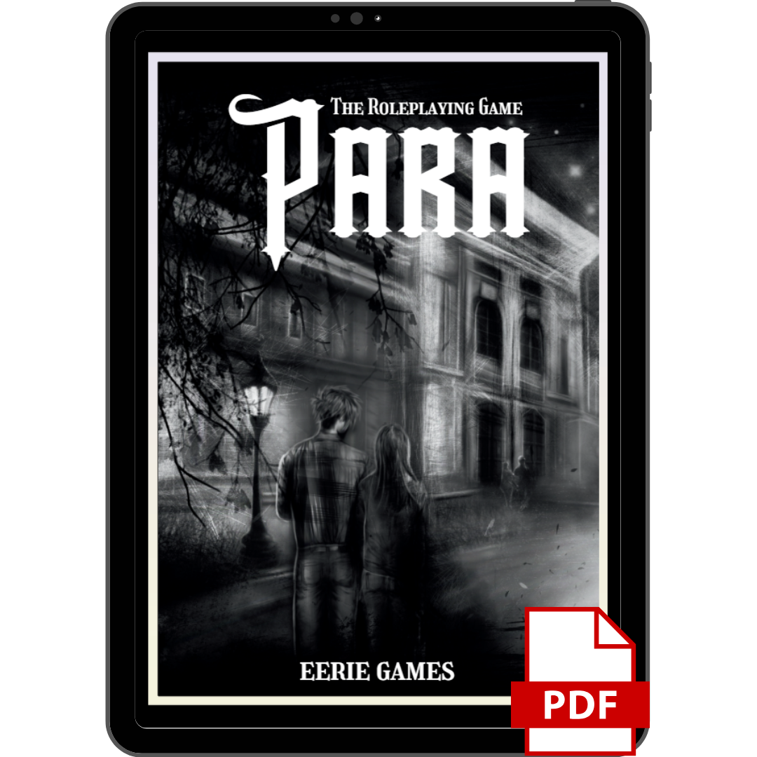 A bookcover for the game PARA that is held in a tablet frame with a PDF icon.