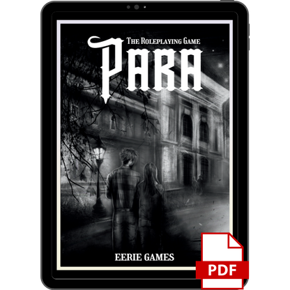 A bookcover for the game PARA that is held in a tablet frame with a PDF icon.