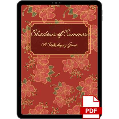 A bookcover for the game Shadows of Summer that is held in a tablet frame with a PDF icon.