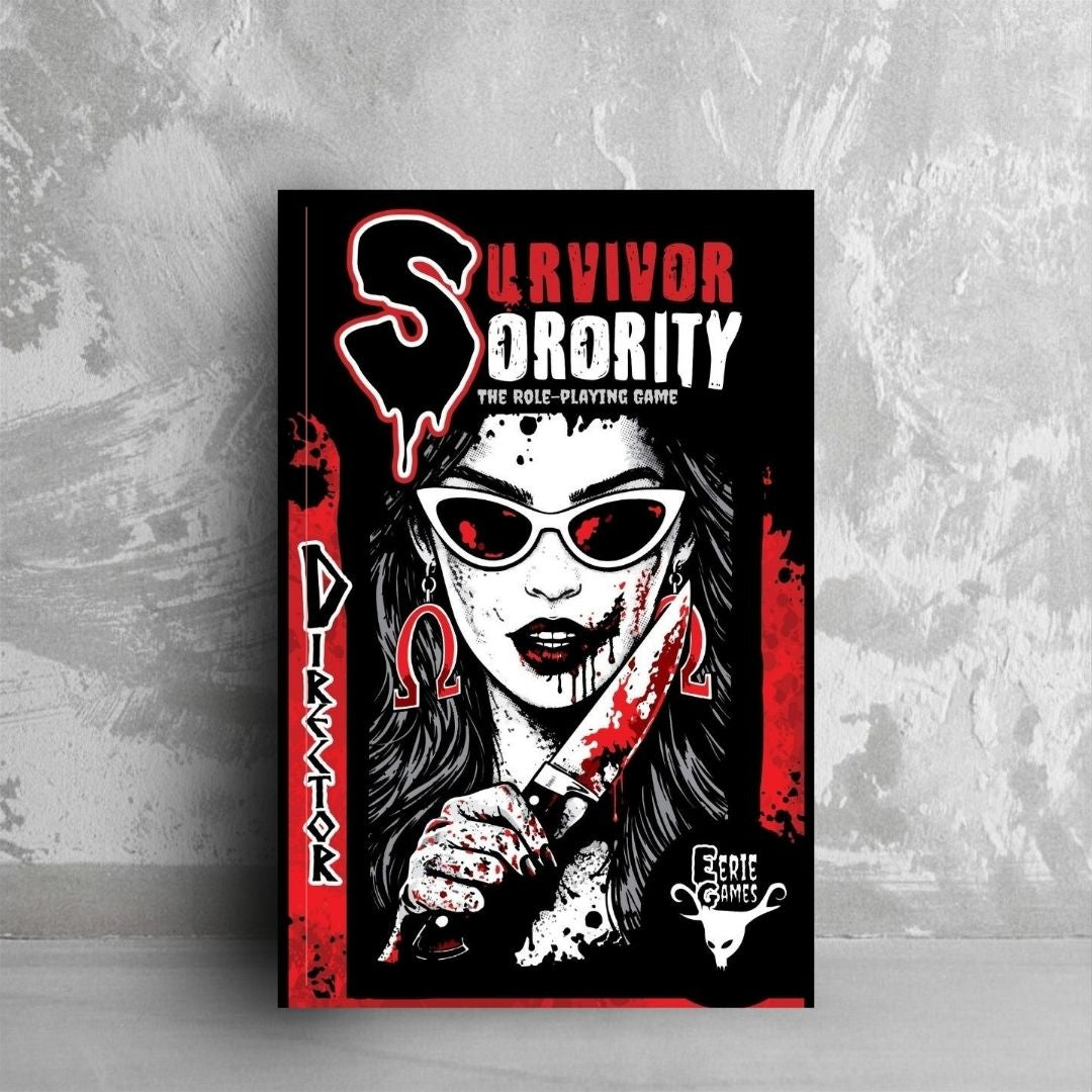 Survivor Sorority cover image. The book is red, black, and white leaning on a grey wall. A woman in sunglasses holds a knife covered in blood. It is noted as "Director" edition on the side.