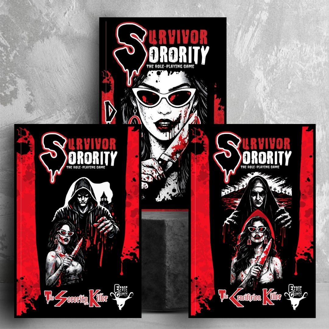 Three red, black, and white books in tiers - Survivor Sorority with a cover image in that shows a woman in sunglasses holding a knife covered in blood. It is noted as "Director" edition on the side. The Sorority Killer book featuring the same woman with a man in a hoodie looming over her and The Crucifixion Killer book with the same woman, this time with a nun looming over her.