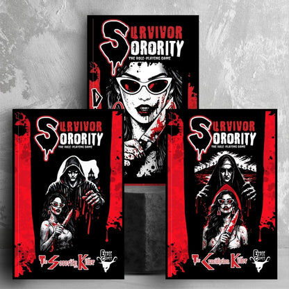 Three red, black, and white books in tiers - Survivor Sorority with a cover image in that shows a woman in sunglasses holding a knife covered in blood. It is noted as "Director" edition on the side. The Sorority Killer book featuring the same woman with a man in a hoodie looming over her and The Crucifixion Killer book with the same woman, this time with a nun looming over her.