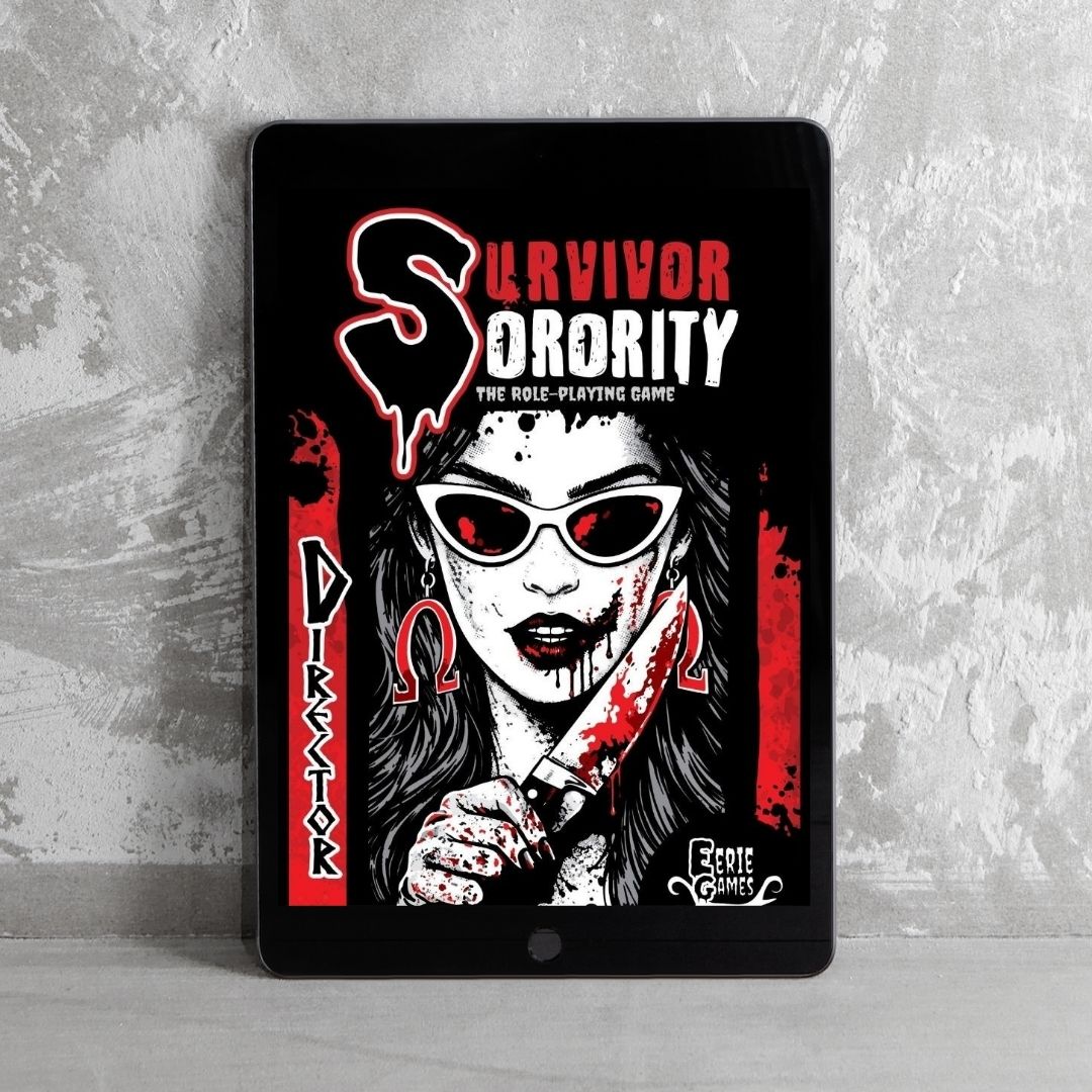 Survivor Sorority cover image in a PDF tablet. The book is red, black, and white leaning on a grey wall. A woman in sunglasses holds a knife covered in blood. It is noted as "Director" edition on the side.