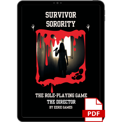 A bookcover for the game Survivor Sorority that is held in a tablet frame with a PDF icon.