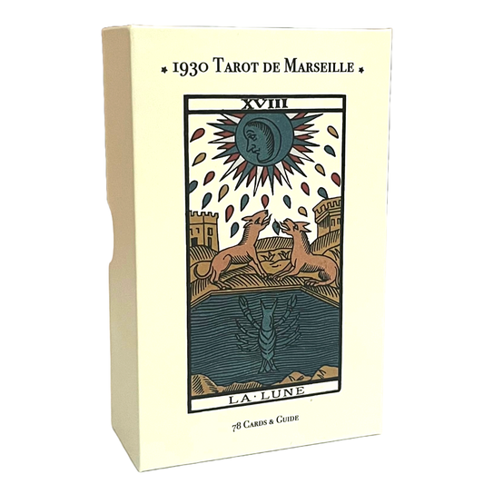 1930 Tarot de Marseille card set packaging with tarot card design on a beige background