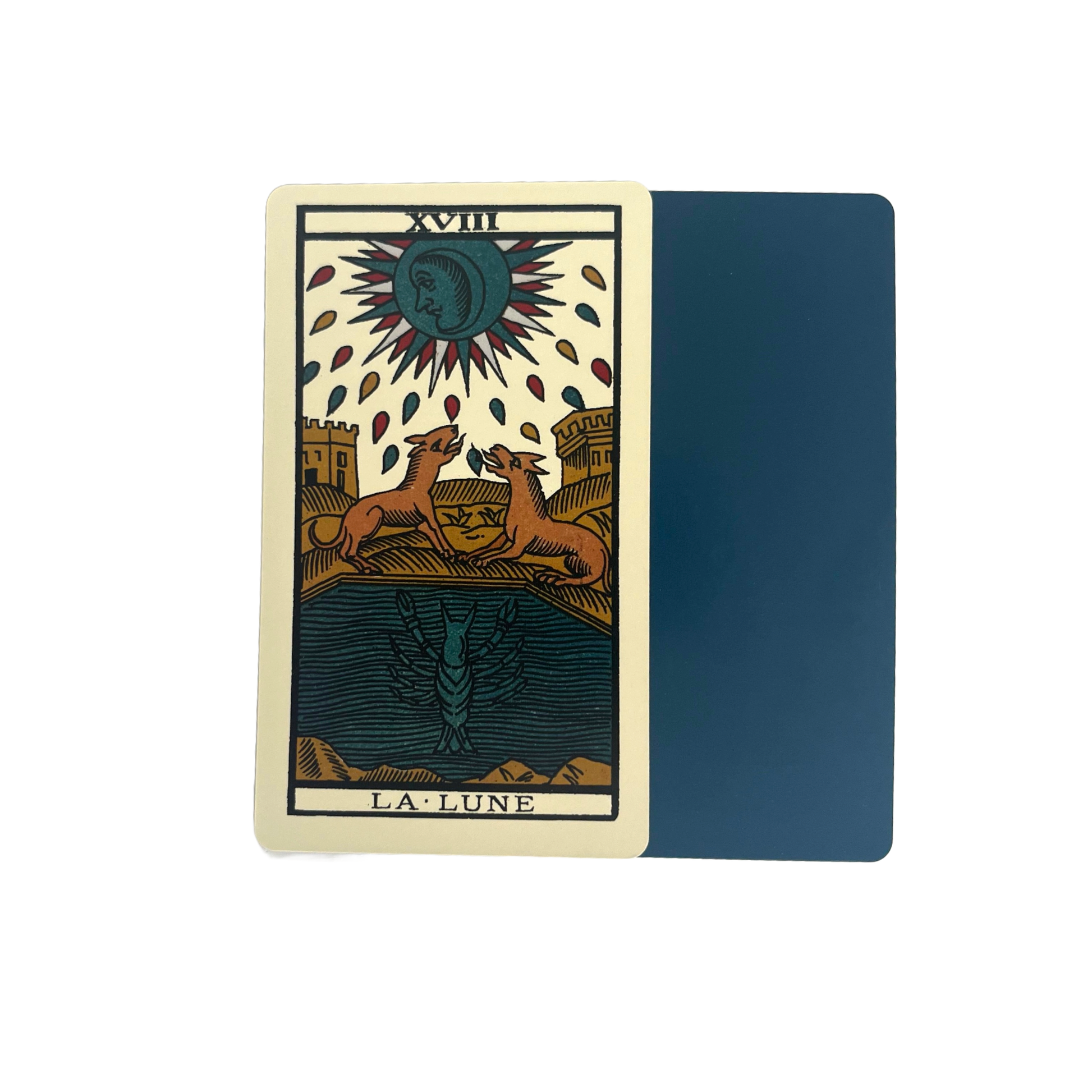 The Moon Tarot card with foxes and moon design on a beige background
