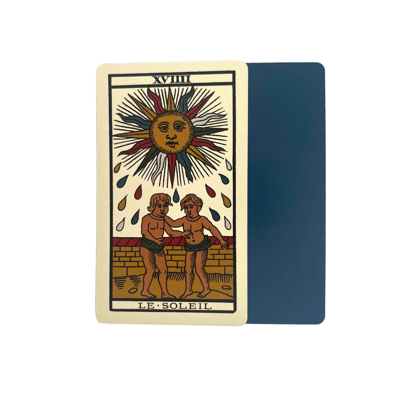 The Sun Tarot card with sun and two figures design on a beige background