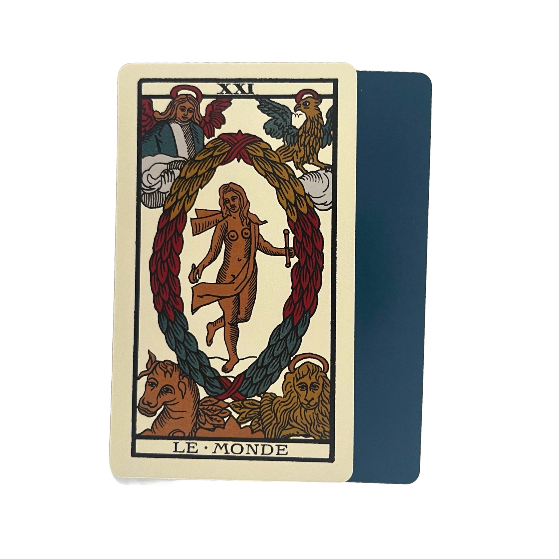 The World Tarot card with intricate floral wreath surrounding a woman on a beige background