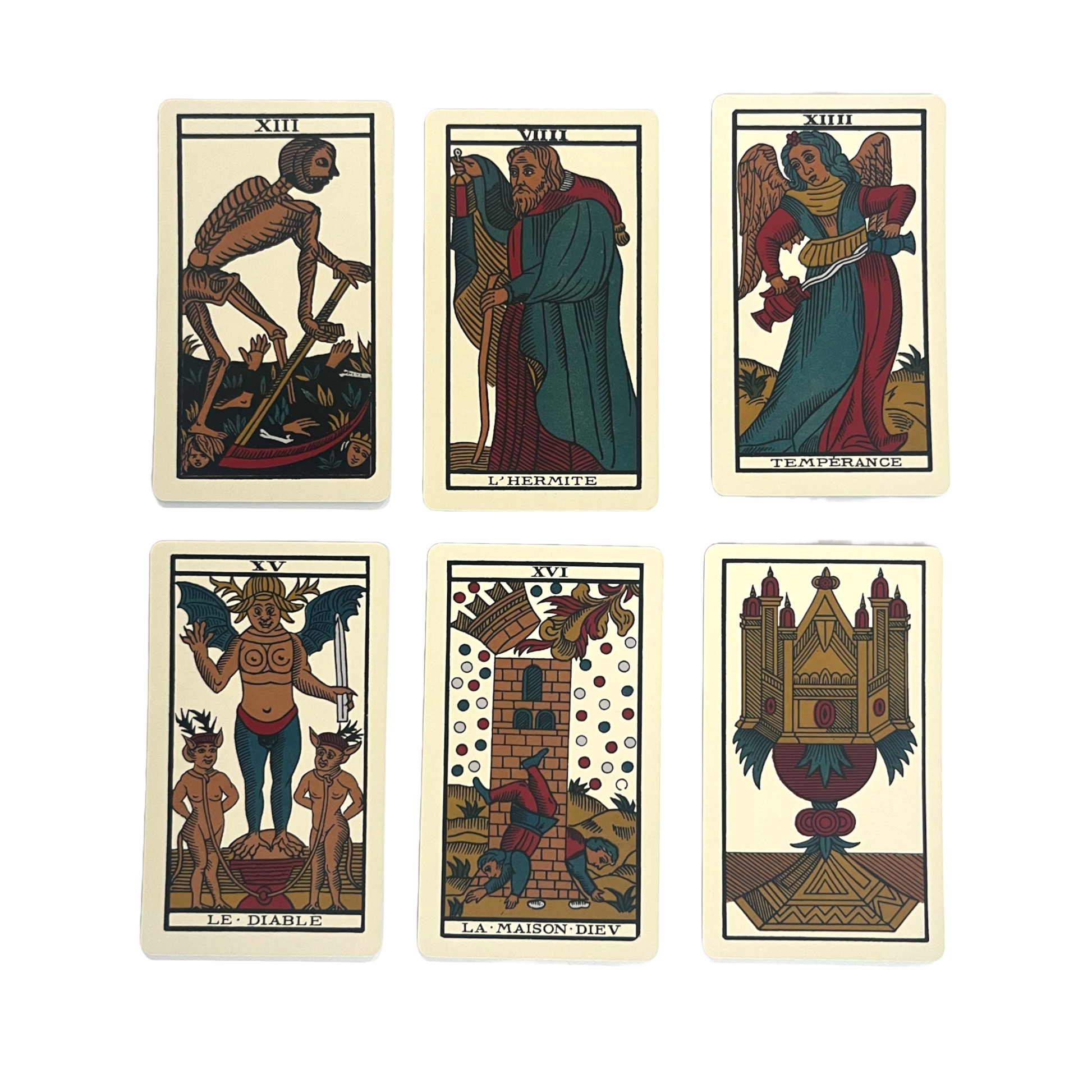 Set of six tarot cards with intricate artwork on beige backgrounds
