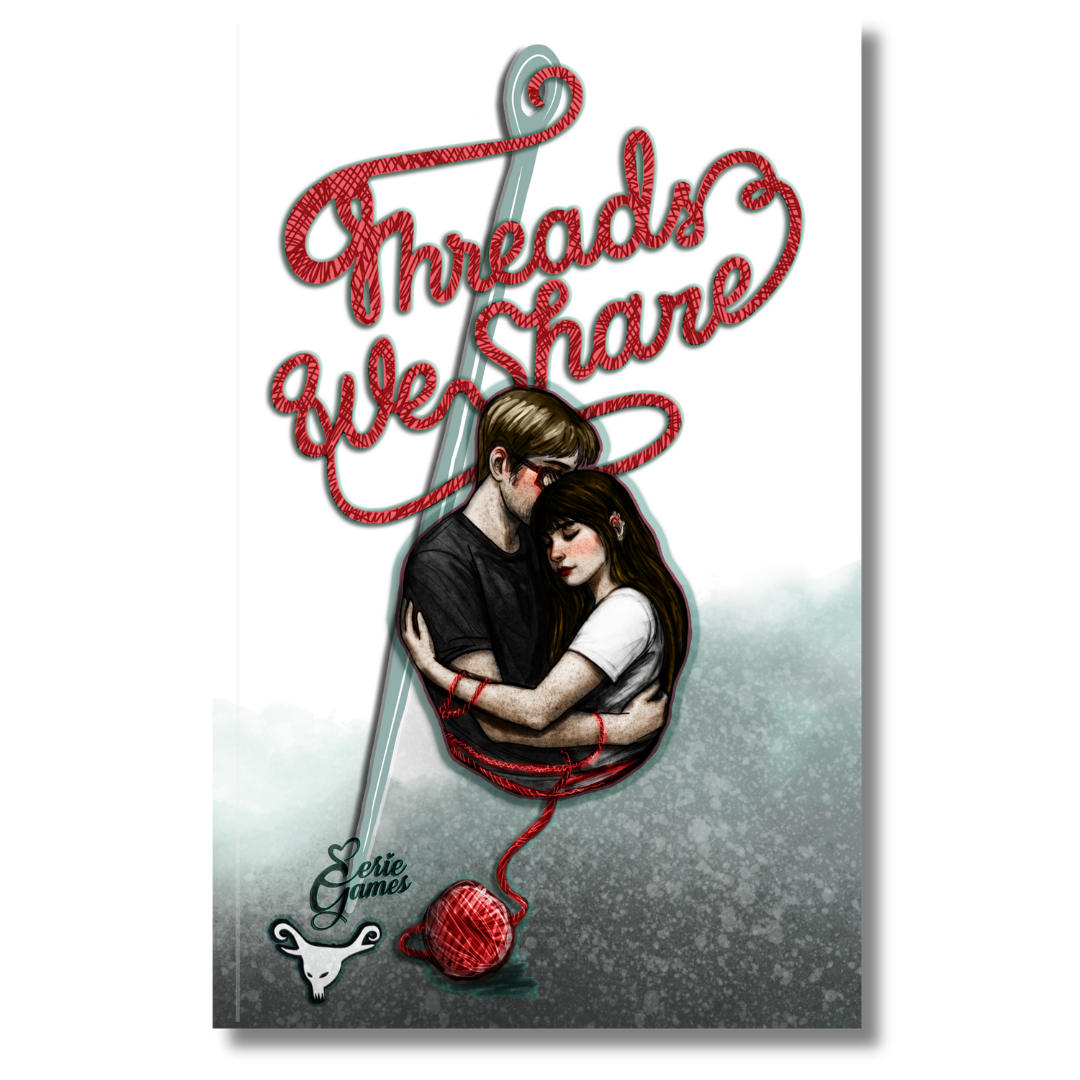 Illustration of a couple embraced by a needle with red thread and yarn, featuring the text 'Threads We Share'.