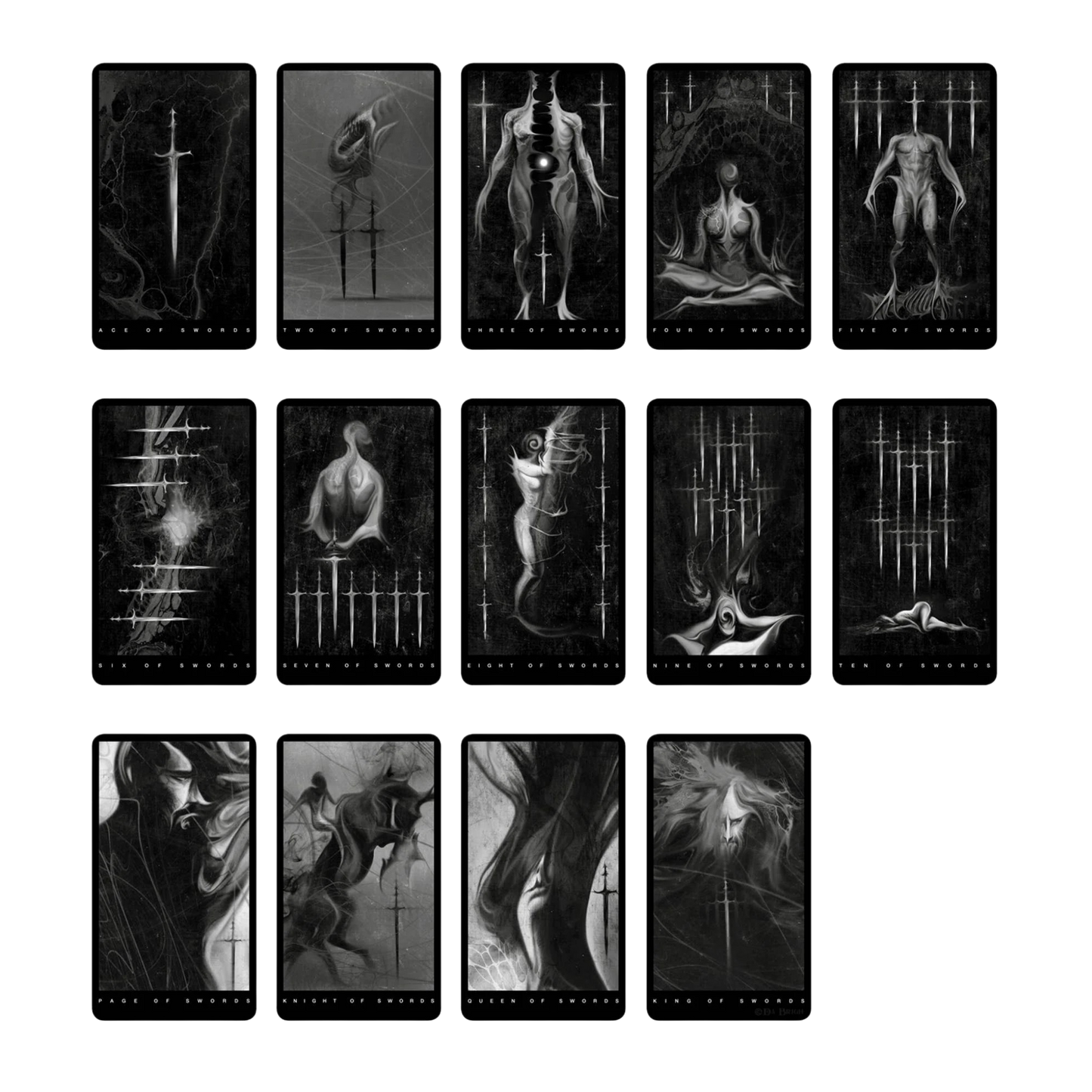 Set of black and white tarot cards arranged in a grid showing the swords suit. The imagery is spectral and haunting.