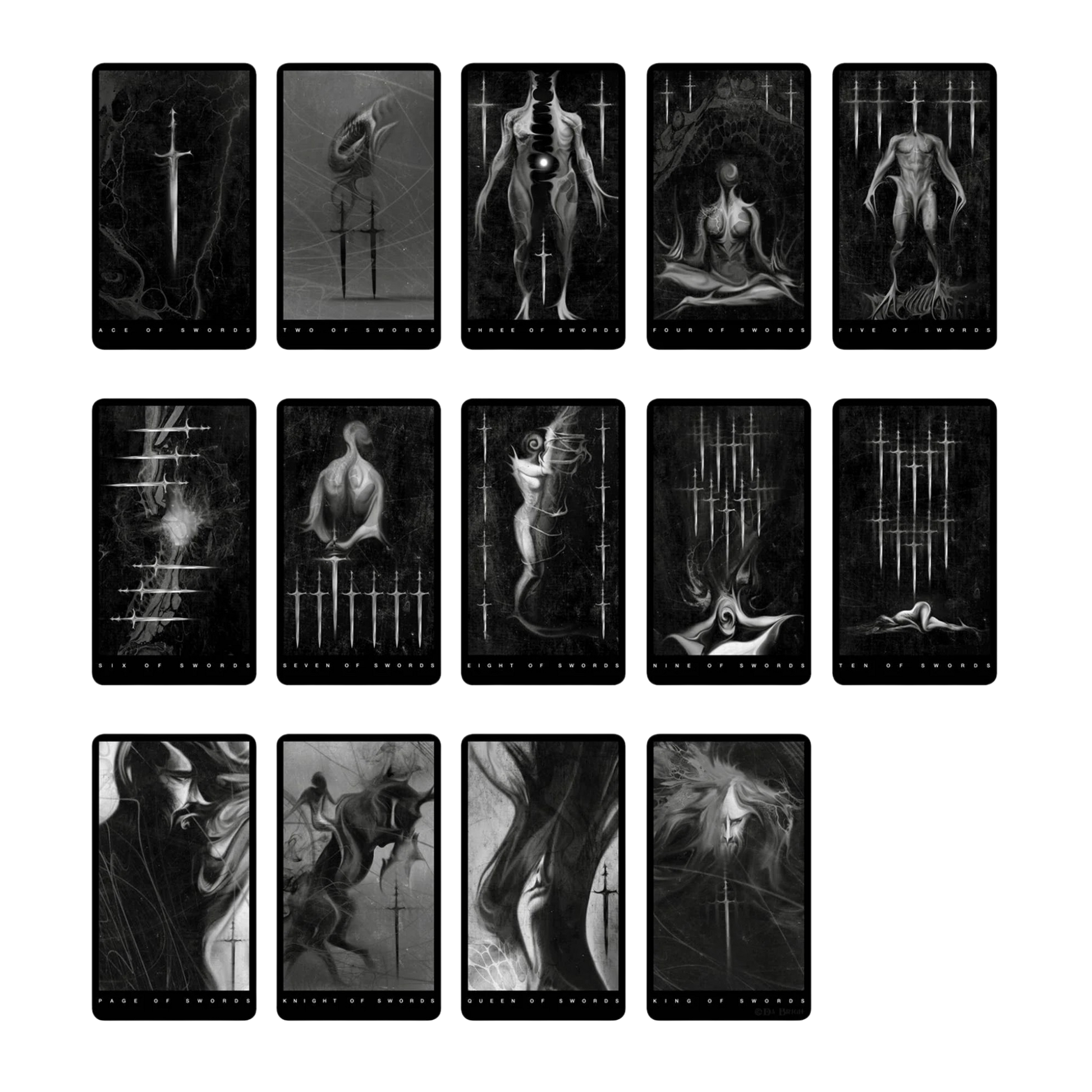 Set of black and white tarot cards arranged in a grid showing the swords suit. The imagery is spectral and haunting.
