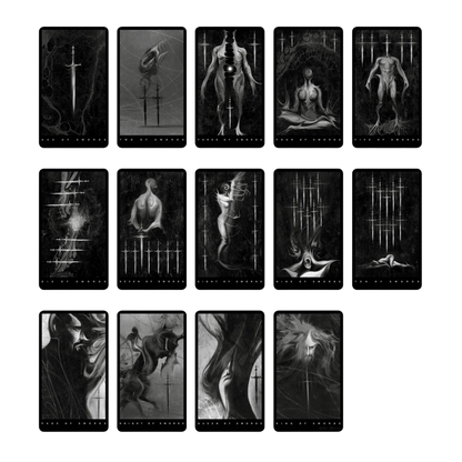 Set of black and white tarot cards arranged in a grid showing the swords suit. The imagery is spectral and haunting.