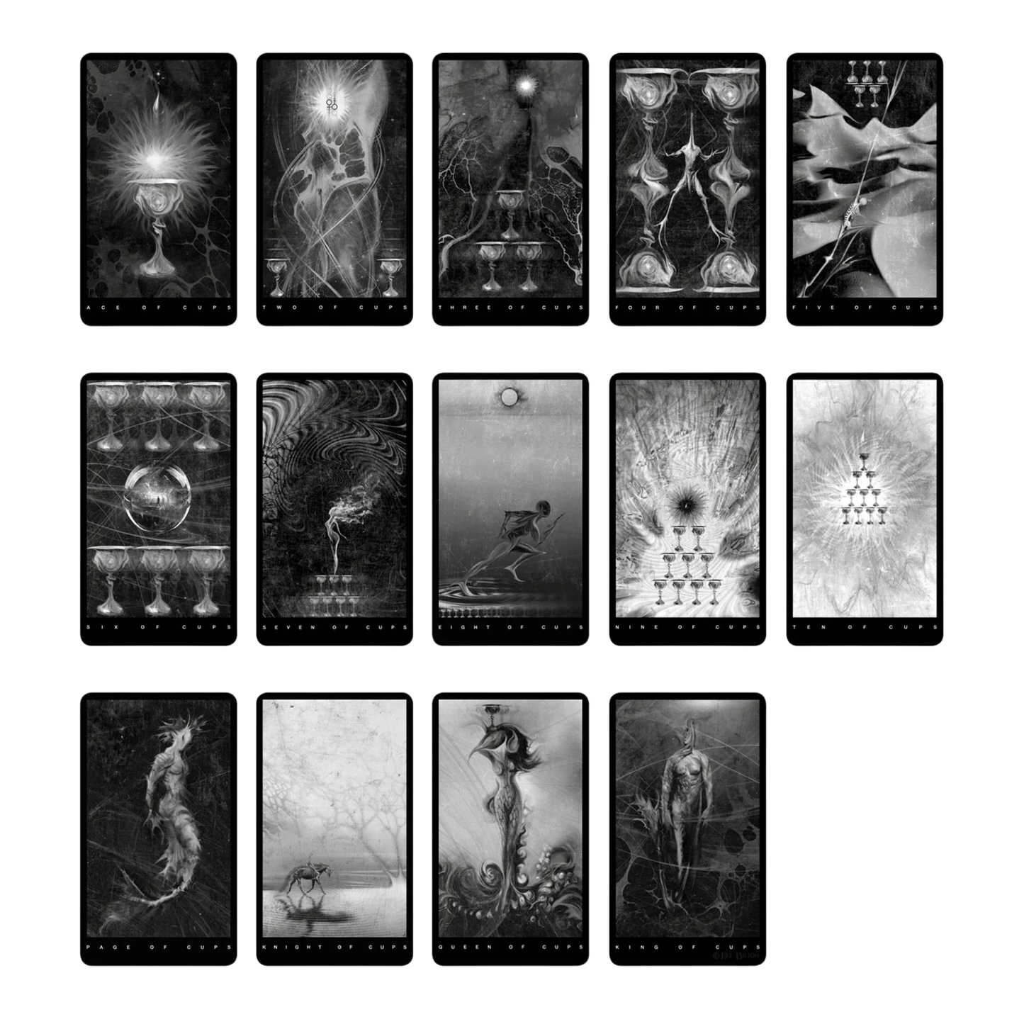 Set of black and white tarot cards arranged in a grid showing the cups suit. The imagery is spectral and haunting.