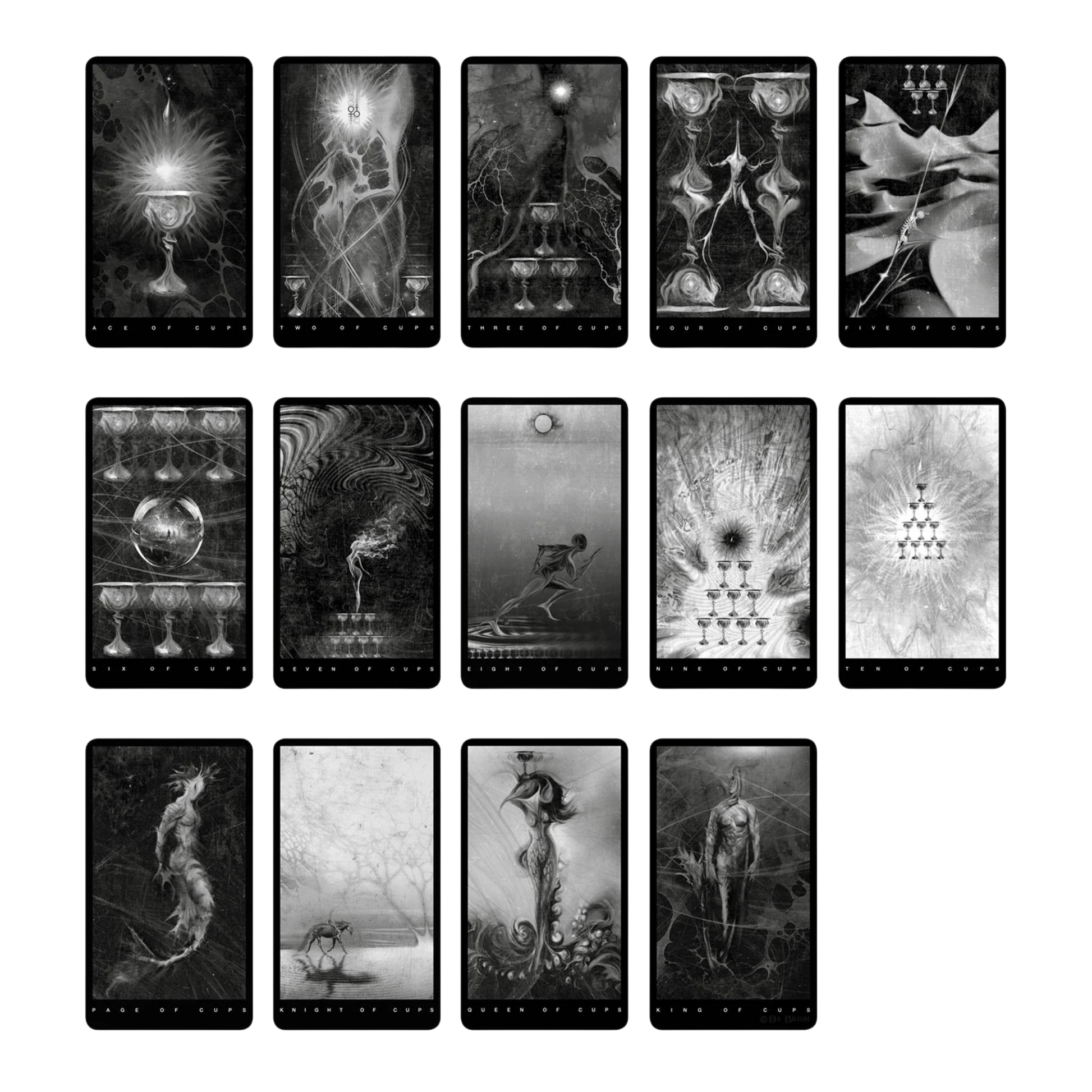 Set of black and white tarot cards arranged in a grid showing the cups suit. The imagery is spectral and haunting.