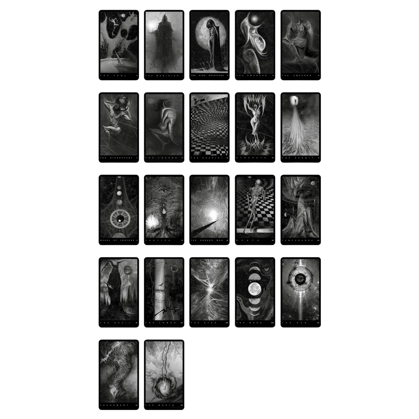 Set of black and white tarot cards arranged in a grid showing the major arcana. The imagery is spectral and haunting.