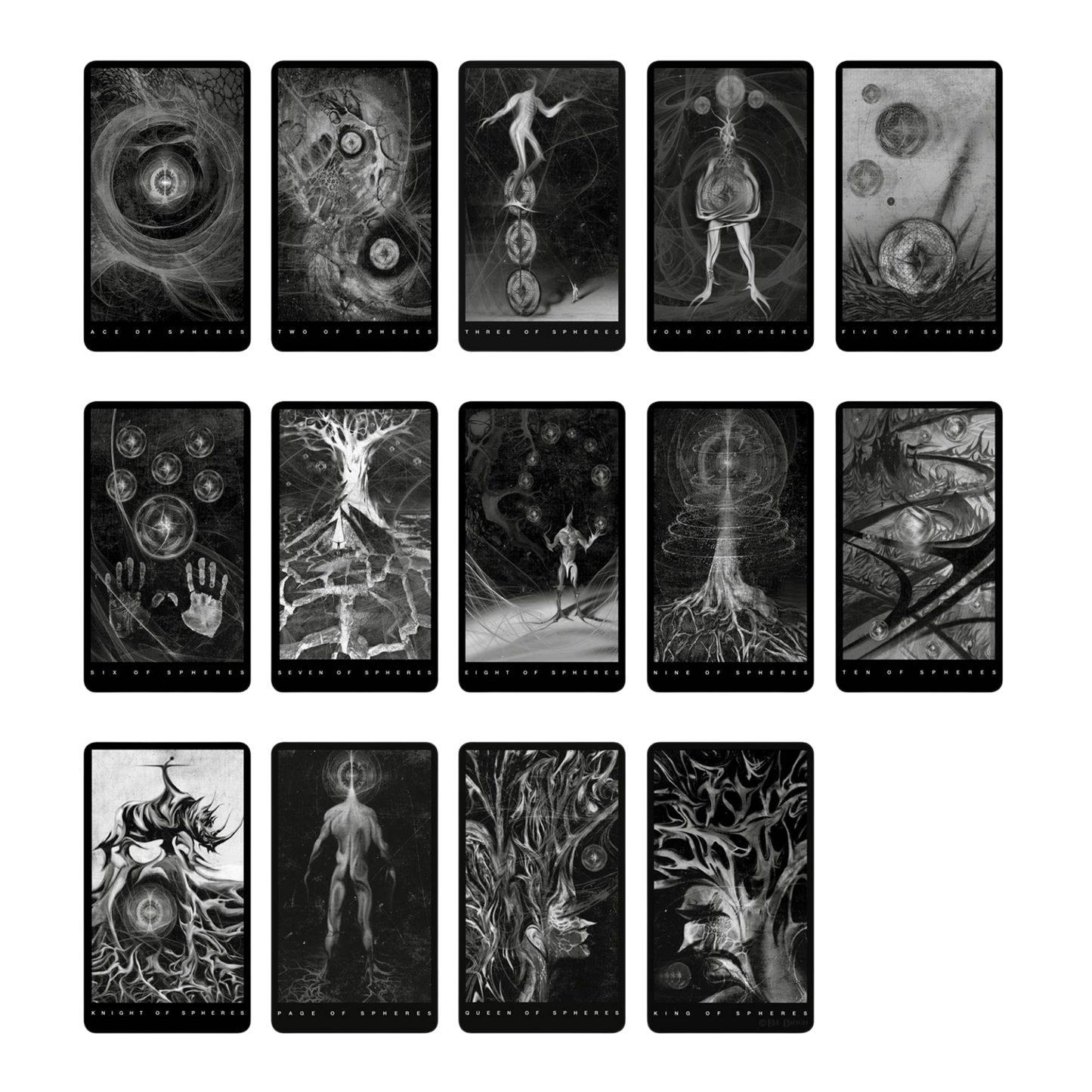 Set of black and white tarot cards arranged in a grid showing the spheres suit. The imagery is spectral and haunting.