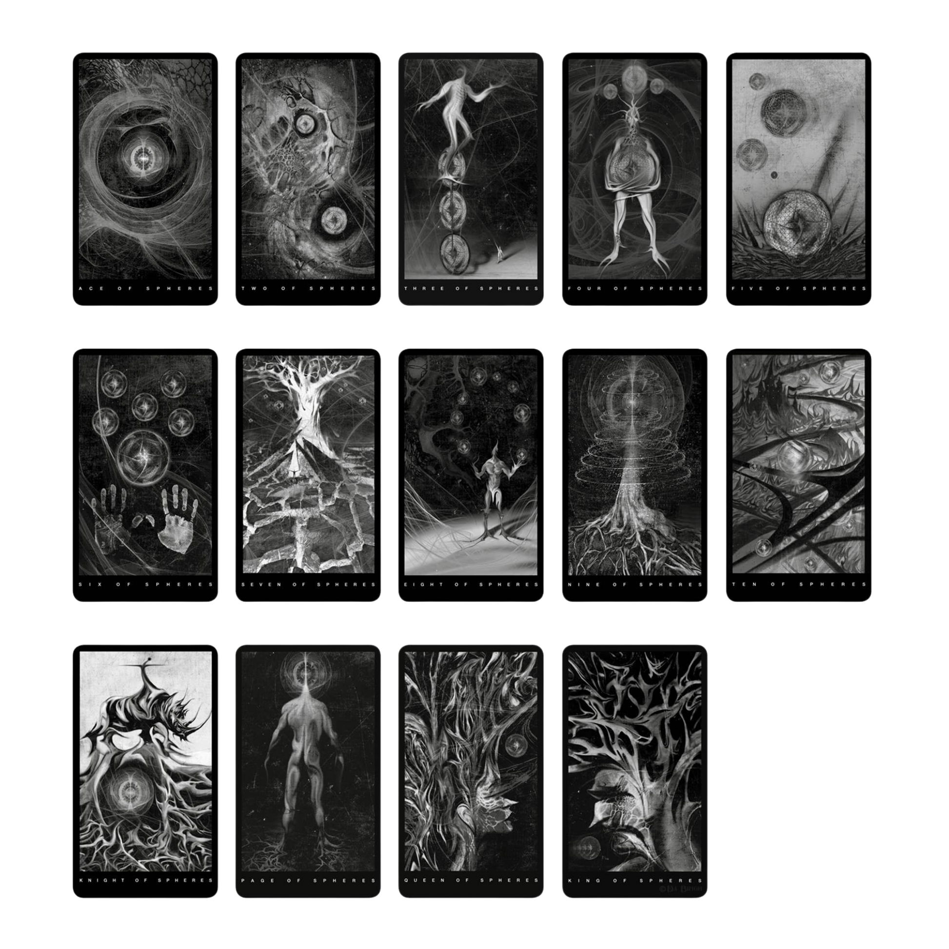 Set of black and white tarot cards arranged in a grid showing the spheres suit. The imagery is spectral and haunting.