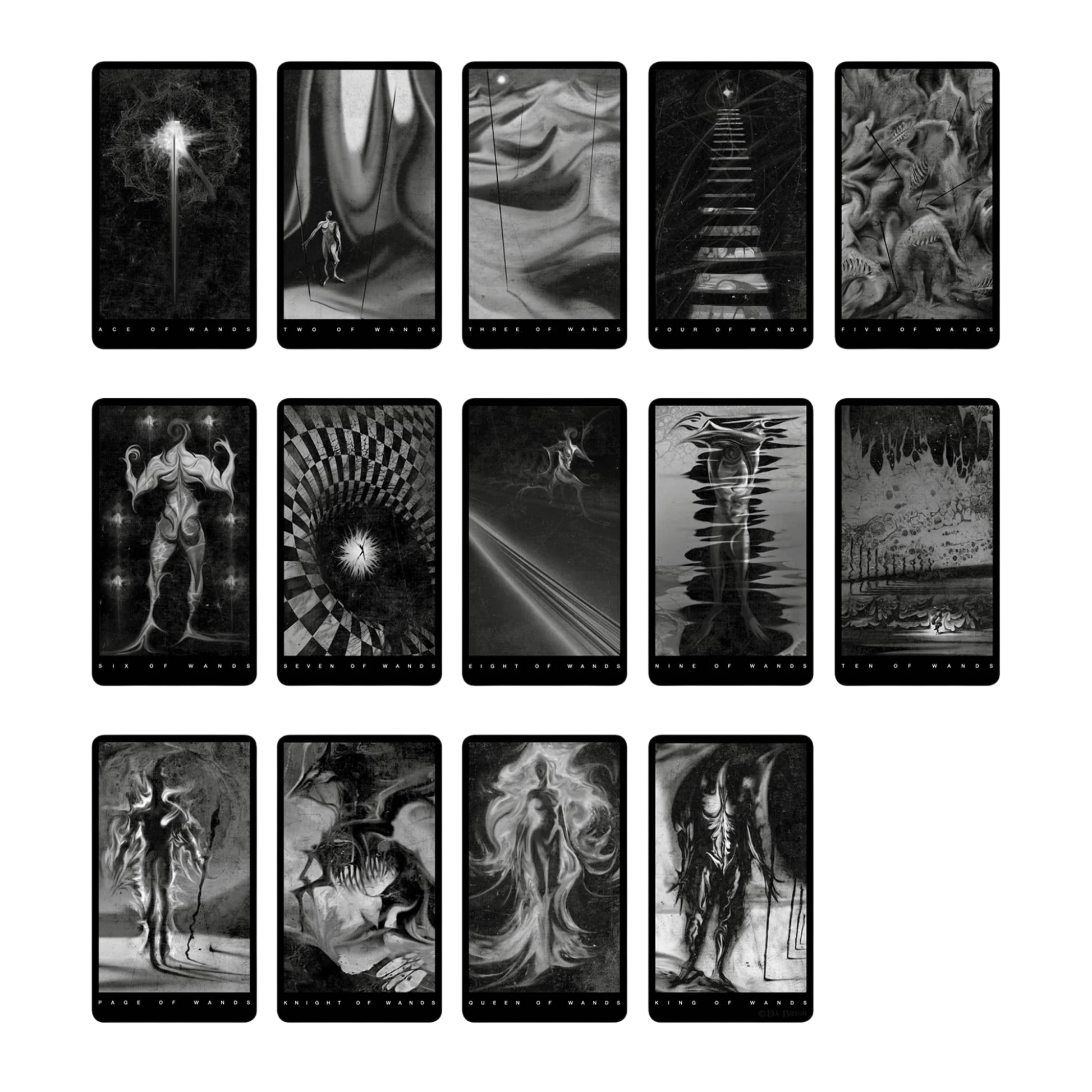 Set of black and white tarot cards arranged in a grid showing the wands suit. The imagery is spectral and haunting.